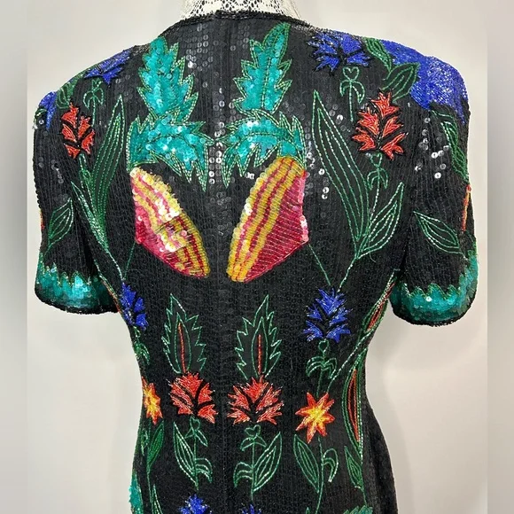 Vintage 80’s silk sequins fully beaded floral design knee length formal dress - Picture 12 of 16